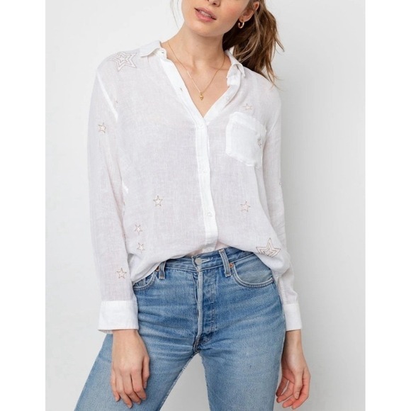 Rails Charli Metallic Stars Button Down Shirt White Linen Blend Size S - Picture 1 of 16